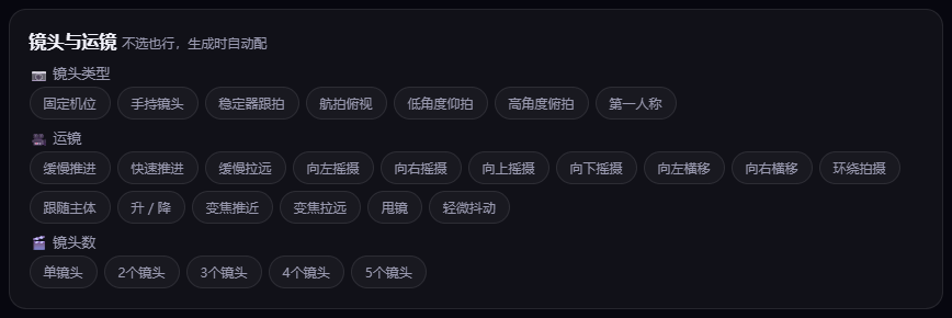 镜头与运镜：镜头类型、运镜、镜头数三组选项
